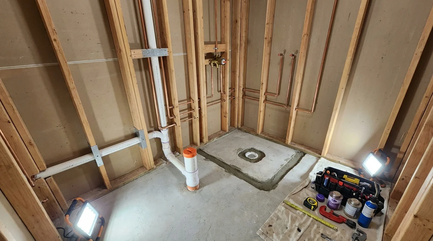 Bathroom rough-in plumbing during remodel by Johns Plumbing LLC in Clementon