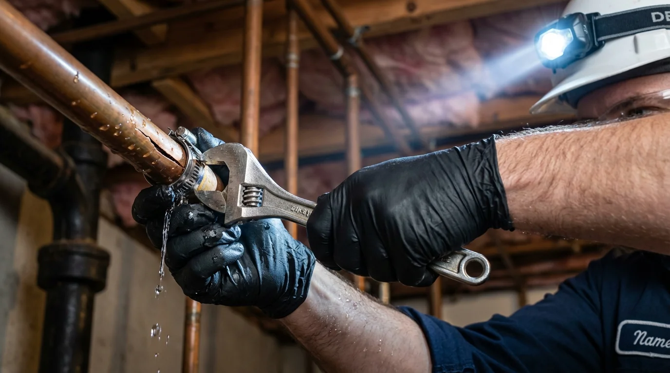 Emergency pipe clamp repair being performed by a Johns Plumbing LLC plumber in Clementon