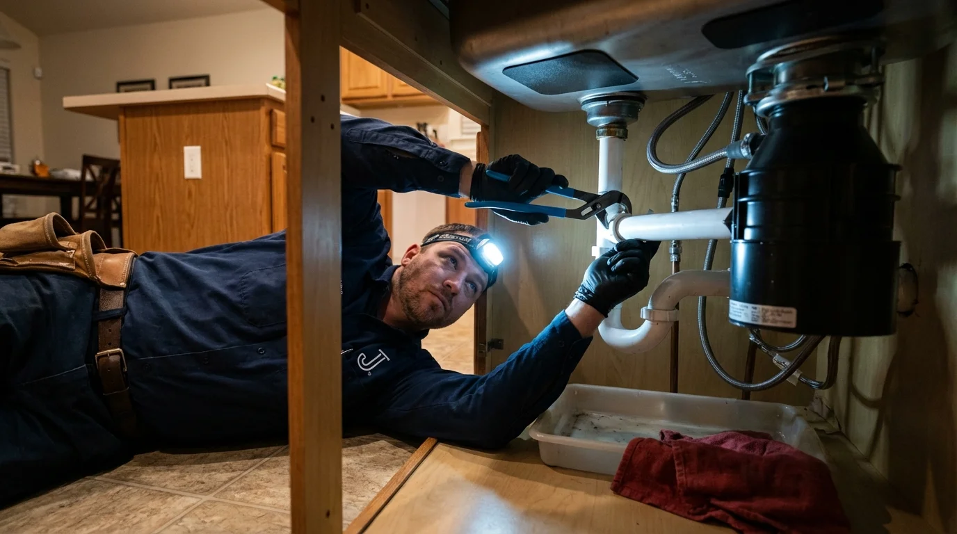 P-trap and supply line connections under a kitchen sink showing a common leak point in Clementon, NJ